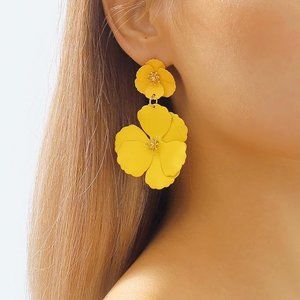 Yellow Double Flower Earrings 2.5" Floral Statement Jewelry Large Flowers New